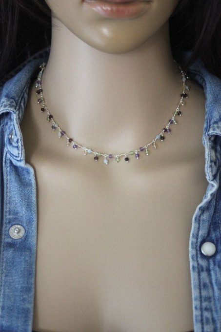 Collier argent massif et perles améthyste, péridot, citrine et aigue marine