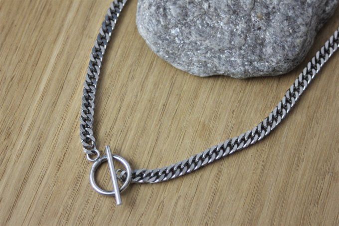 Collier acier inoxydable maillons gourmette fermoir T