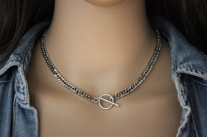 Collier acier inoxydable maillons gourmette fermoir T