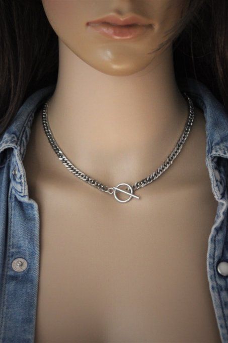 Collier acier inoxydable maillons gourmette fermoir T