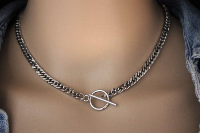 Collier acier inoxydable maillons gourmette fermoir T