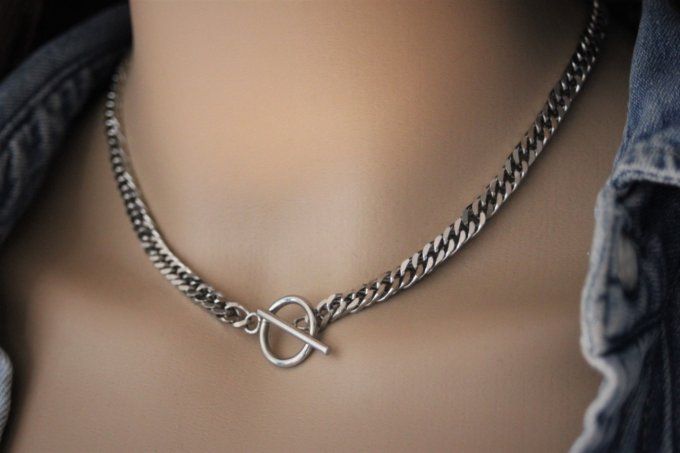 Collier acier inoxydable maillons gourmette fermoir T