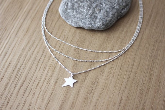 Collier multi-rangs en argent massif triple chaine et pendentif étoile - Copie