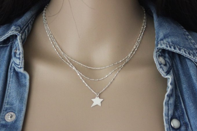 Collier multi-rangs en argent massif triple chaine et pendentif étoile - Copie