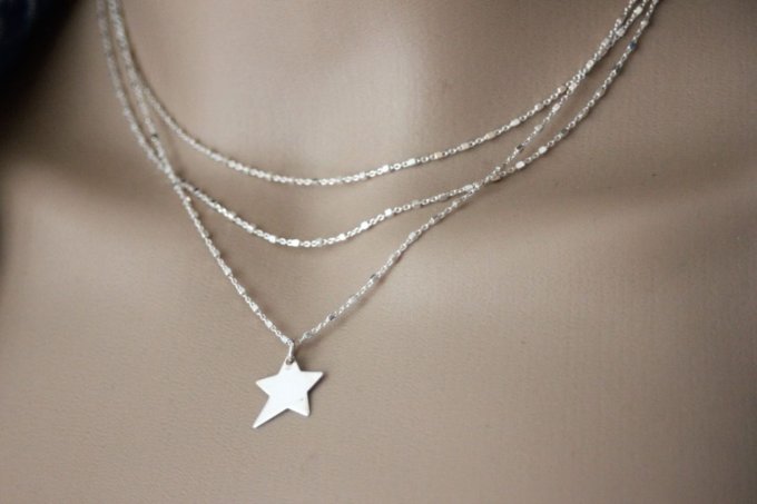 Collier multi-rangs en argent massif triple chaine et pendentif étoile - Copie
