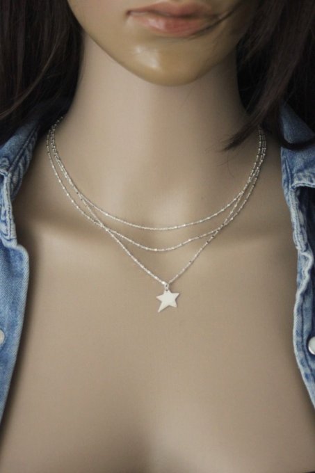 Collier multi-rangs en argent massif triple chaine et pendentif étoile - Copie