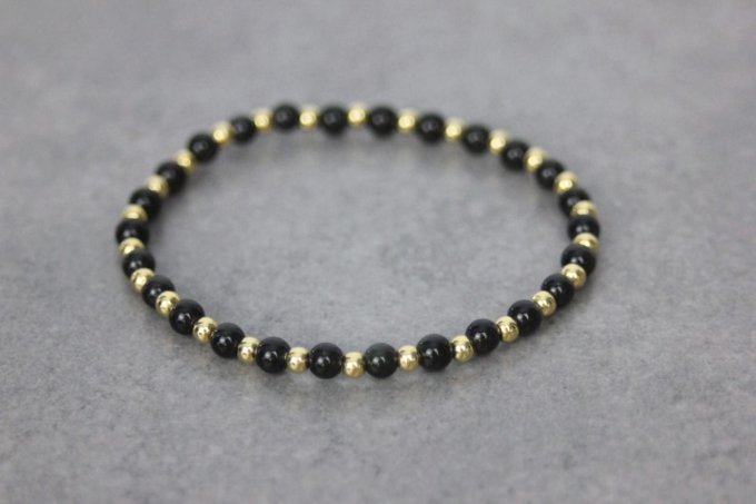 Bracelet perles en obsidienne et perles plaqué or