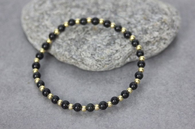 Bracelet perles en obsidienne et perles plaqué or