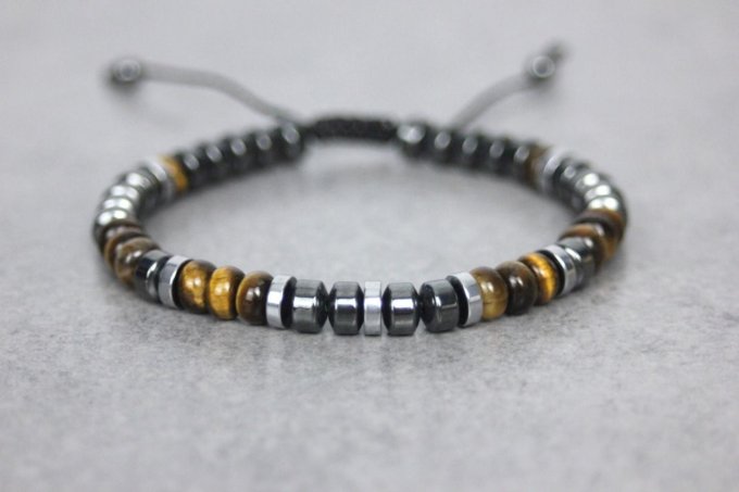 Bracelet perles rondelles oeil de tigre, hématite et hématite argentée