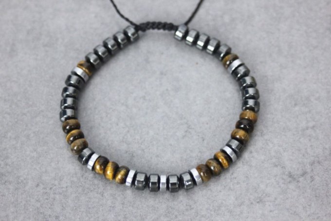 Bracelet perles rondelles oeil de tigre, hématite et hématite argentée