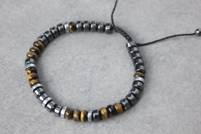 Bracelet perles rondelles oeil de tigre, hématite et hématite argentée