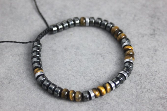 Bracelet perles rondelles oeil de tigre, hématite et hématite argentée
