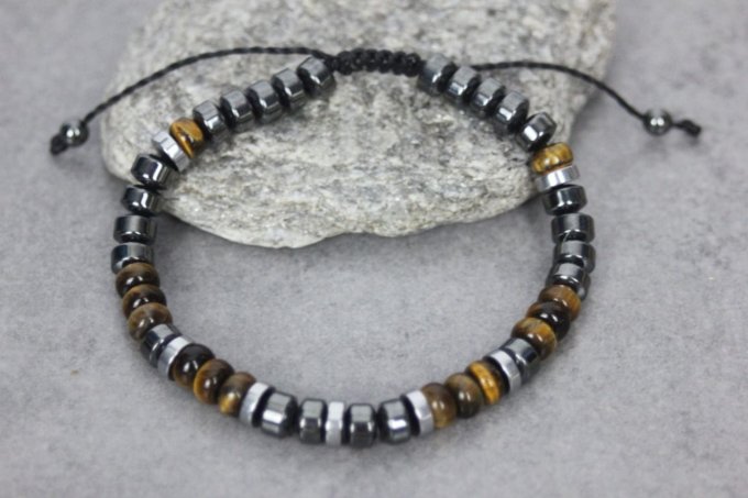 Bracelet perles rondelles oeil de tigre, hématite et hématite argentée