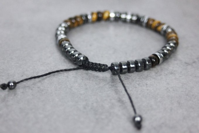 Bracelet perles rondelles oeil de tigre, hématite et hématite argentée