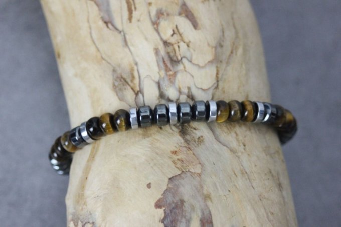 Bracelet perles rondelles oeil de tigre, hématite et hématite argentée
