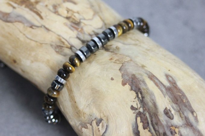 Bracelet perles rondelles oeil de tigre, hématite et hématite argentée