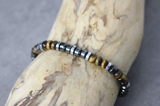 Bracelet perles rondelles oeil de tigre, hématite et hématite argentée