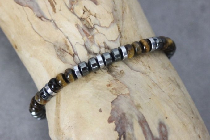 Bracelet perles rondelles oeil de tigre, hématite et hématite argentée