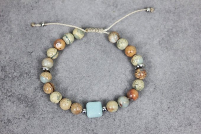 Bracelet perles jaspe impériale peau de serpent, amazonite et perles acier