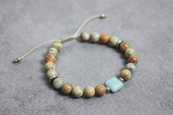 Bracelet perles jaspe impériale peau de serpent, amazonite et perles acier