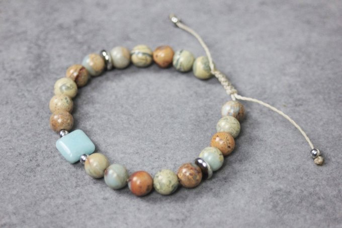 Bracelet perles jaspe impériale peau de serpent, amazonite et perles acier