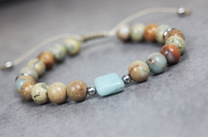 Bracelet perles jaspe impériale peau de serpent, amazonite et perles acier