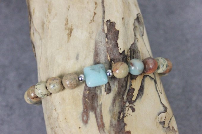 Bracelet perles jaspe impériale peau de serpent, amazonite et perles acier