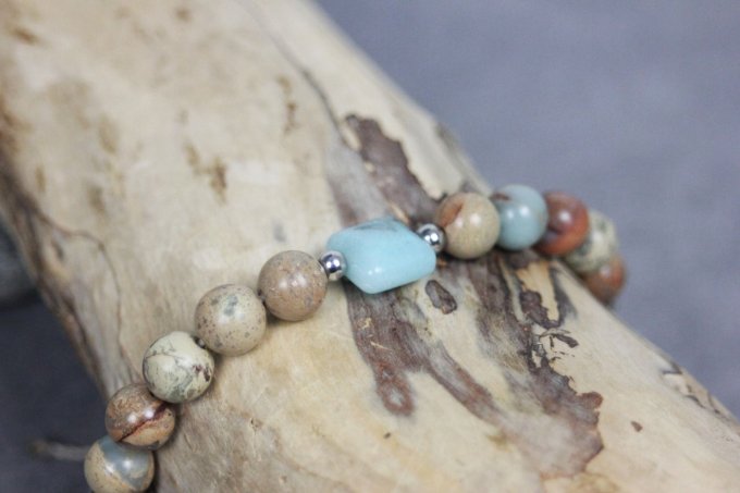 Bracelet perles jaspe impériale peau de serpent, amazonite et perles acier