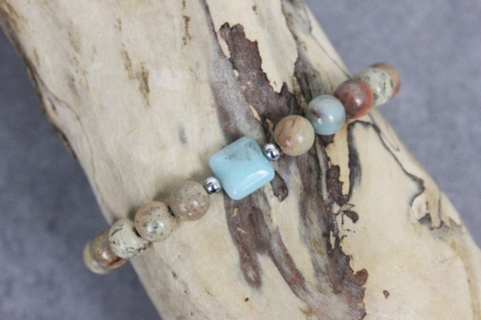 Bracelet perles jaspe impériale peau de serpent, amazonite et perles acier