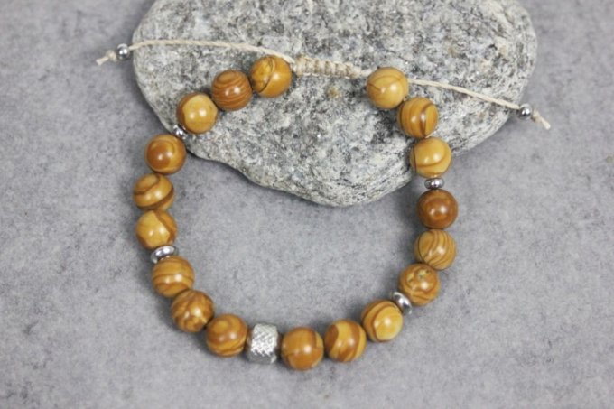 Bracelet perles wood stone et acier inoxydable