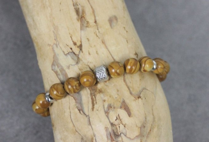 Bracelet perles wood stone et acier inoxydable