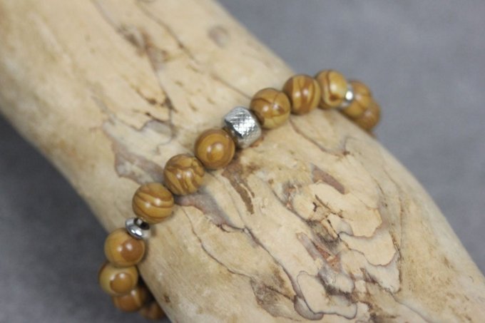 Bracelet perles wood stone et acier inoxydable
