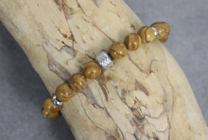 Bracelet perles wood stone et acier inoxydable