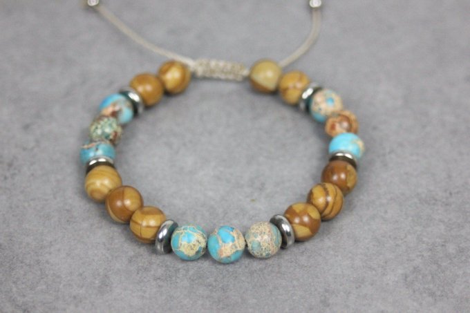 Bracelet perles jaspe impériale turquoise, wood stone et acier