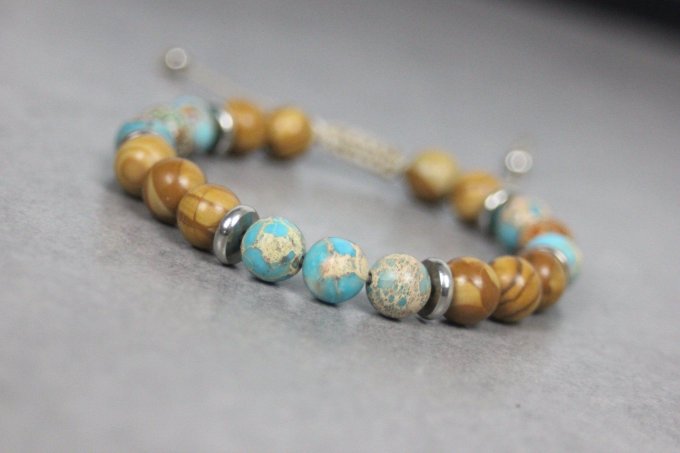 Bracelet perles jaspe impériale turquoise, wood stone et acier