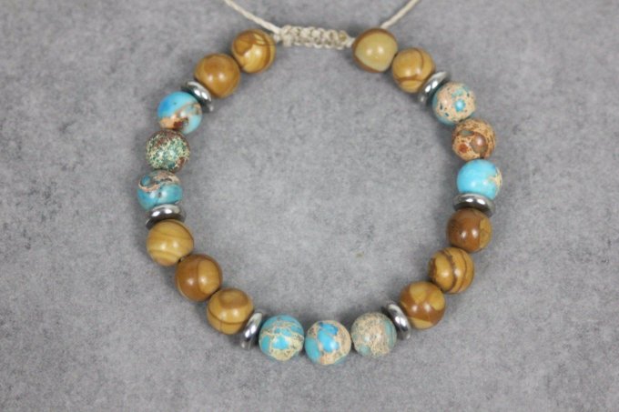 Bracelet perles jaspe impériale turquoise, wood stone et acier