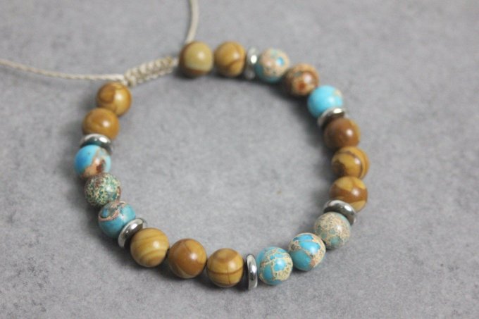 Bracelet perles jaspe impériale turquoise, wood stone et acier