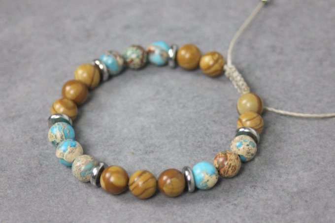Bracelet perles jaspe impériale turquoise, wood stone et acier
