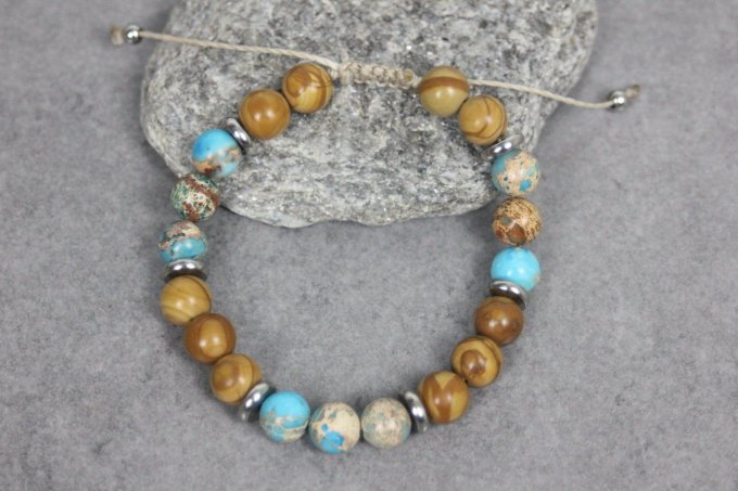 Bracelet perles jaspe impériale turquoise, wood stone et acier