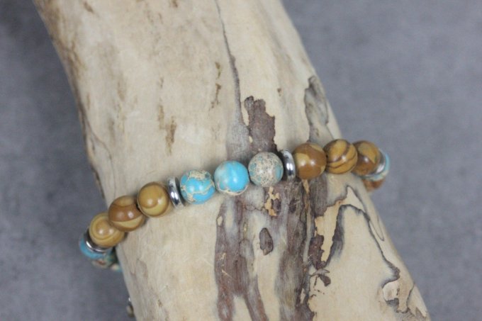 Bracelet perles jaspe impériale turquoise, wood stone et acier