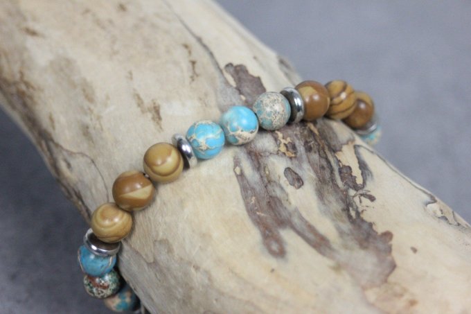 Bracelet perles jaspe impériale turquoise, wood stone et acier