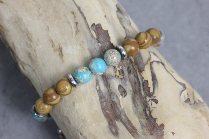 Bracelet perles jaspe impériale turquoise, wood stone et acier