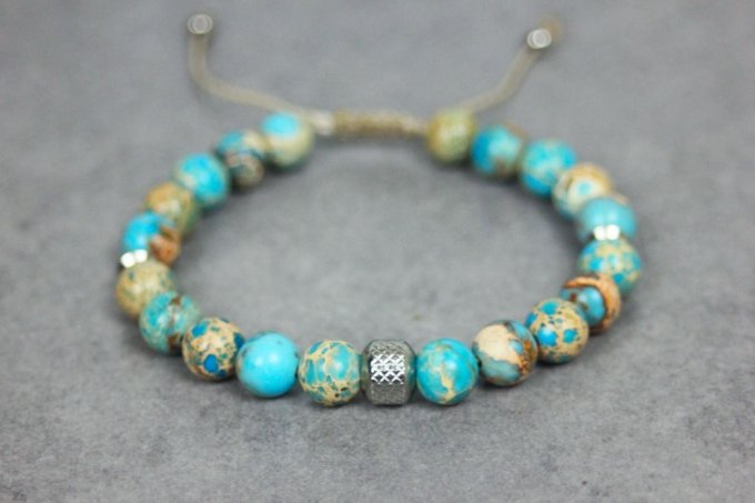 Bracelet perles jaspe impériale turquoise et acier inoxydable