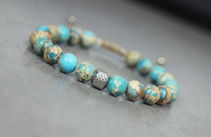 Bracelet perles jaspe impériale turquoise et acier inoxydable