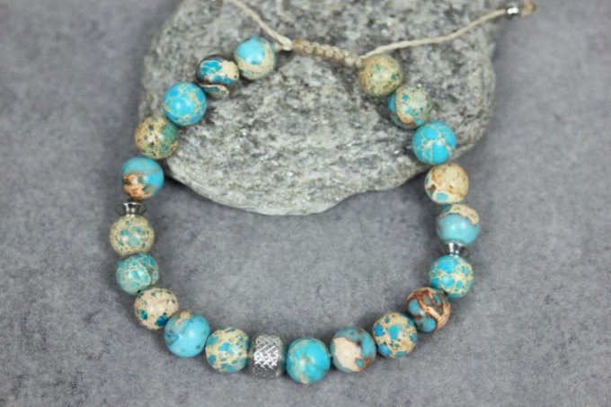 Bracelet perles jaspe impériale turquoise et acier inoxydable