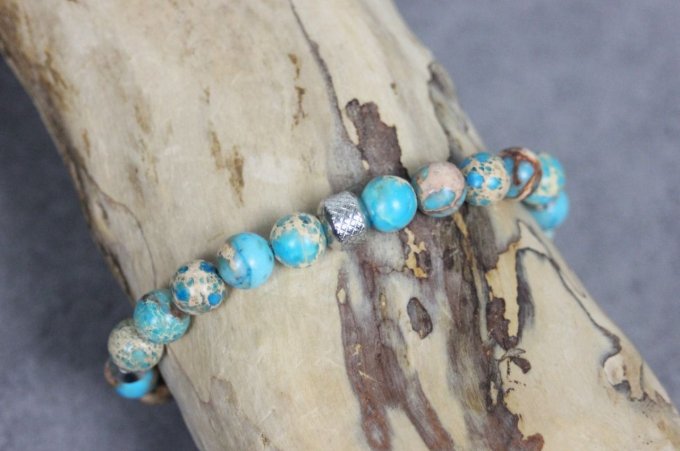 Bracelet perles jaspe impériale turquoise et acier inoxydable