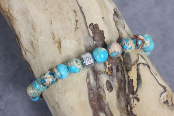 Bracelet perles jaspe impériale turquoise et acier inoxydable