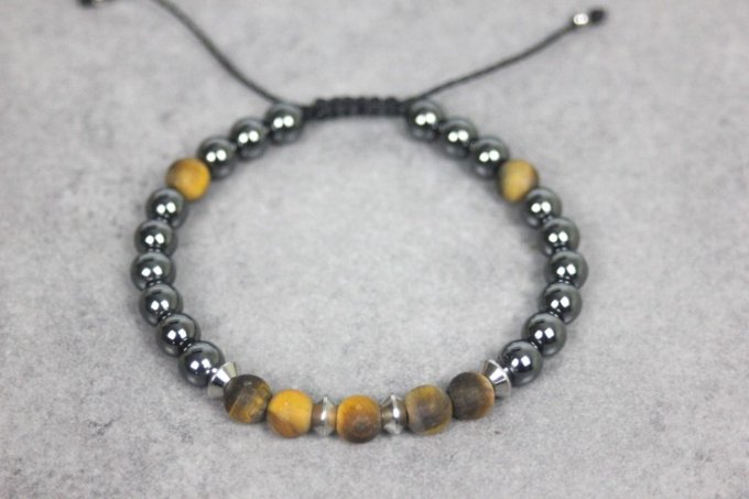 Bracelet perles hématite, oeil de tigre mat et acier inoxydable