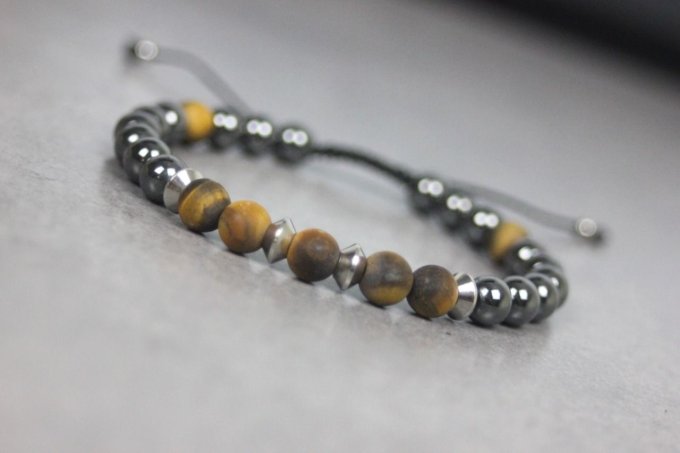Bracelet perles hématite, oeil de tigre mat et acier inoxydable