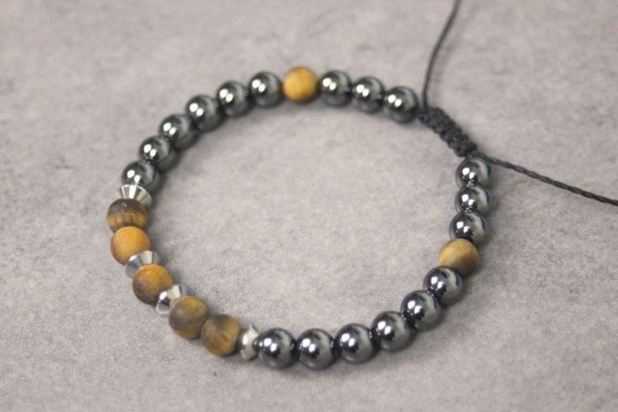 Bracelet perles hématite, oeil de tigre mat et acier inoxydable